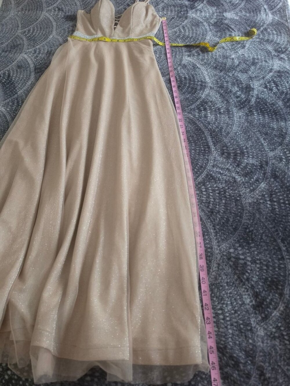 CITY TRIANGLES Gold Glitter Formal Gown W/Strappy Bodice & Rhinestone Waist - Picture 7 of 14